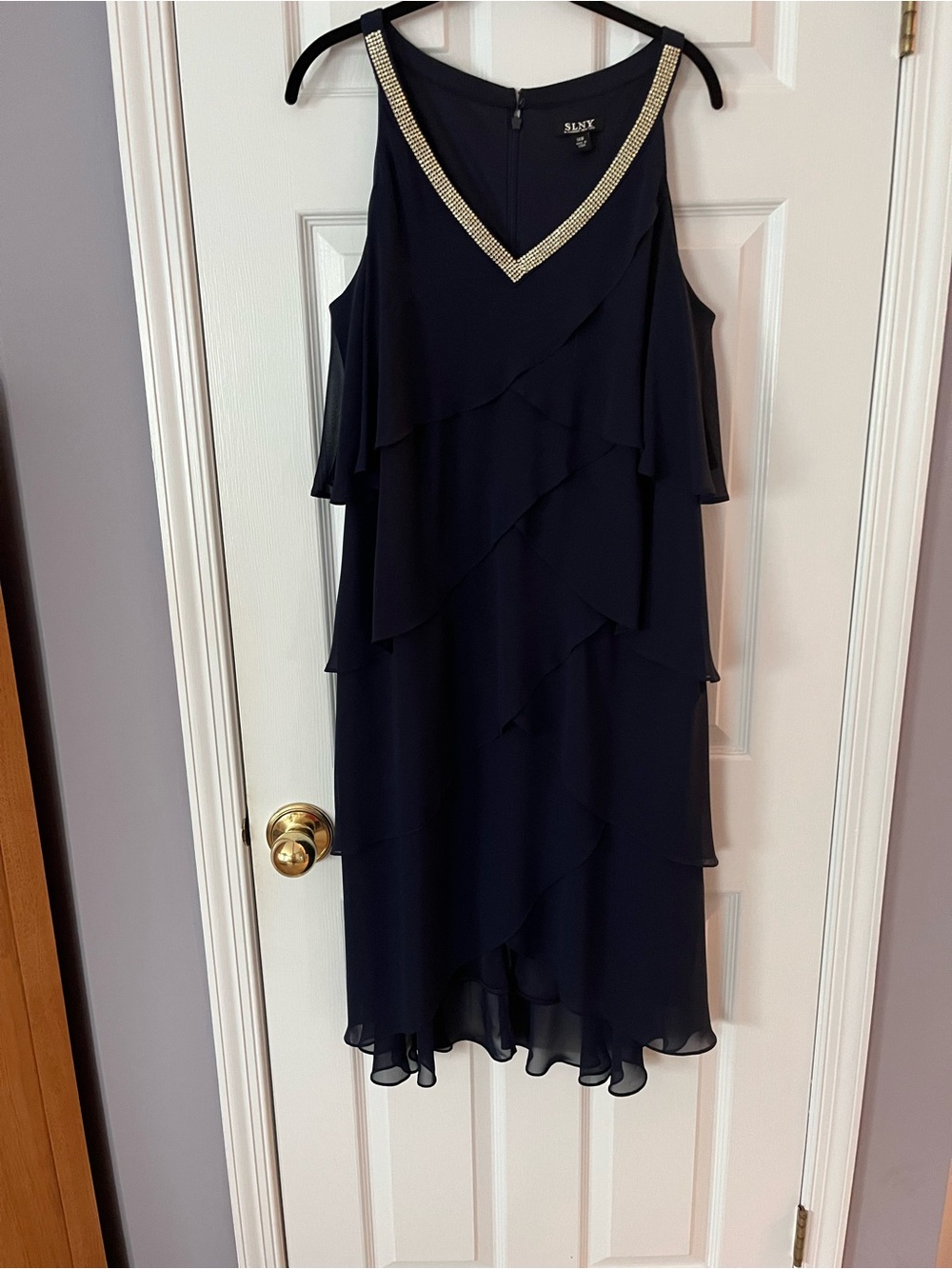 SLNY Navy Chiffon Layered Cocktail Dress with Beaded V-Neck